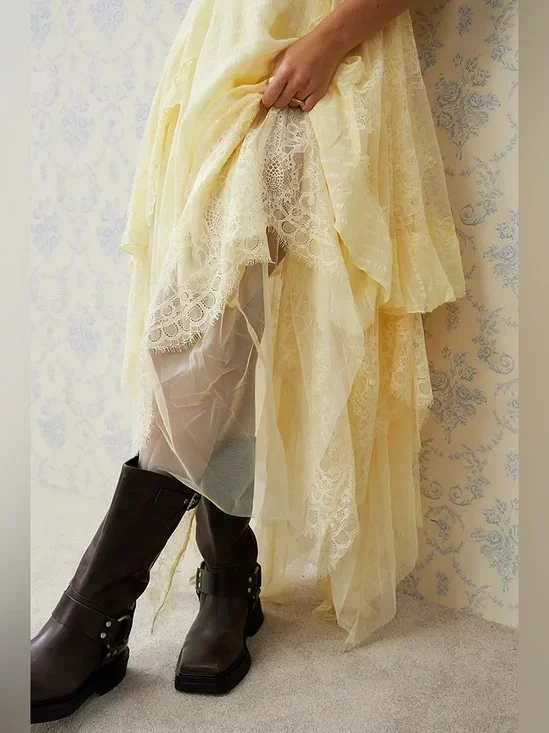 Free People Sheer Bliss Strapless Butter Yellow Lace Ruffle Maxi Dress - Picture 3 of 12